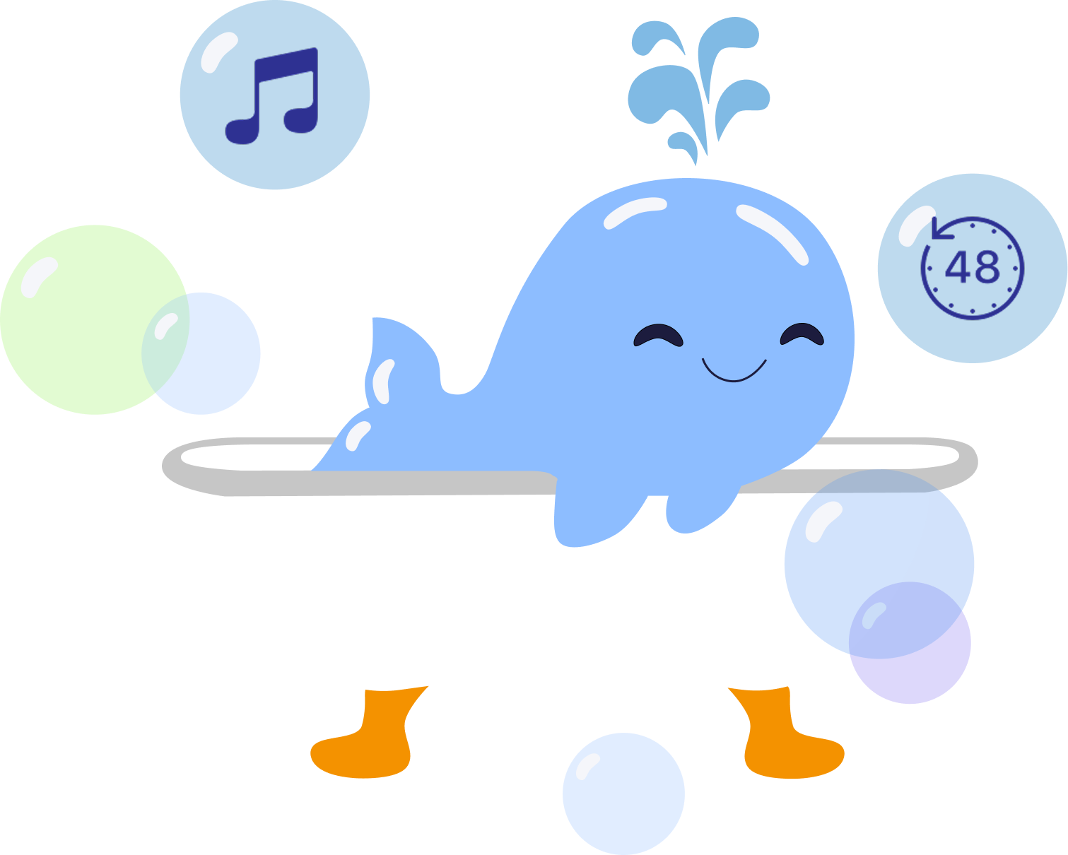 Shower Challenge whale mascot with eyes closed as a water fountain flows above it