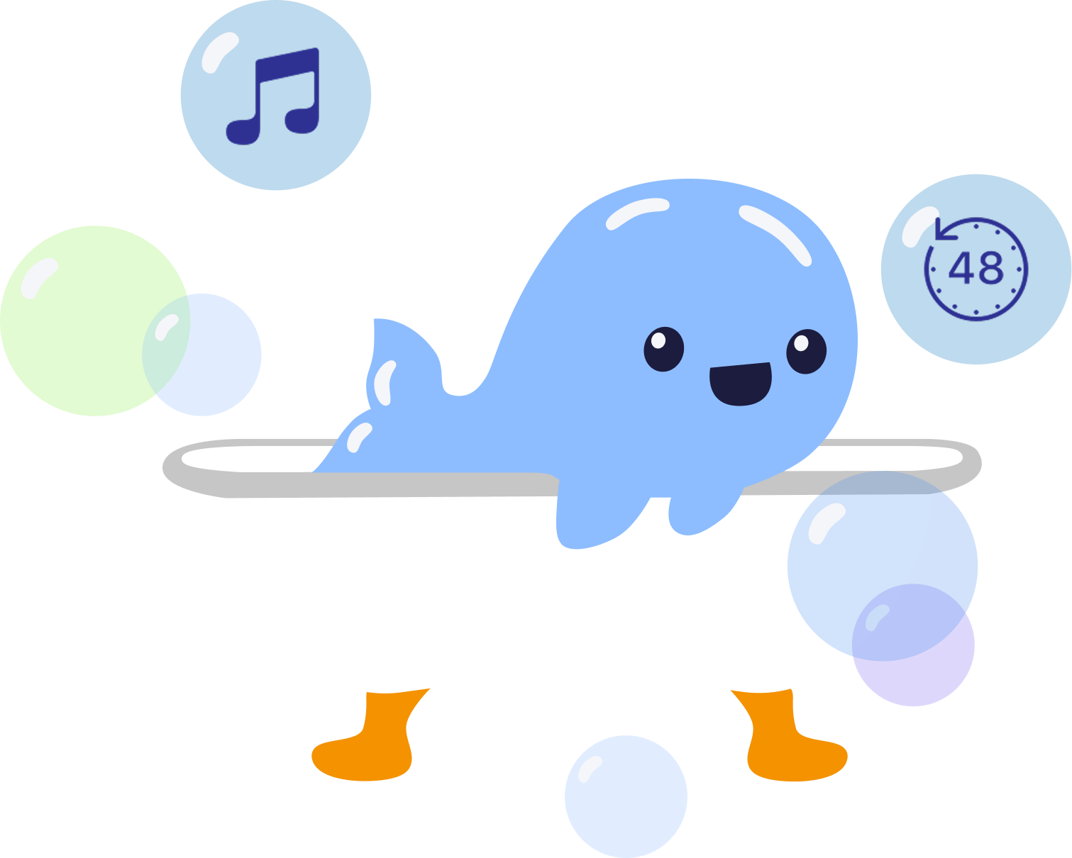 Shower Challenge whale mascot with eyes open after the water fountain stops