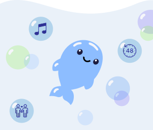 Whale surrounded by a music note, a clock, and a friends icon, representing challenge options