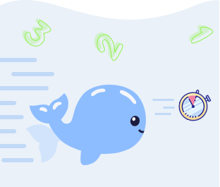 Whale next to a stopwatch and progress bars, representing results